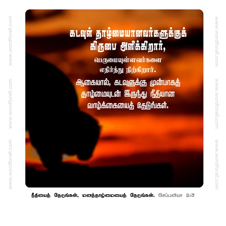 கடவுள் தாழ்மையானவர்களுக்குக் கிருபை அளிக்கிறார், பெருமையுள்ளவர்களை எதிர்த்து நிற்கிறார். ஆகையால், கடவுளுக்கு முன்பாகத் தாழ்மையுடன் இருந்து நீதியான வாழ்க்கையைத் தேடுங்கள்.