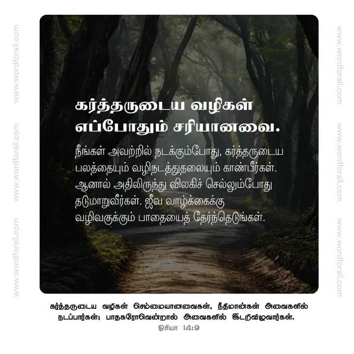 கர்த்தருடைய வழிகள் எப்போதும் சரியானவை. நீங்கள் அவற்றில் நடக்கும்போது, கர்த்தருடைய பலத்தையும் வழிநடத்துதலையும் காண்பீர்கள். ஆனால் அதிலிருந்து விலகிச் செல்லும்போது தடுமாறுவீர்கள். ஜீவ வாழ்க்கைக்கு வழிவகுக்கும் பாதையைத் தேர்ந்தெடுங்கள்.