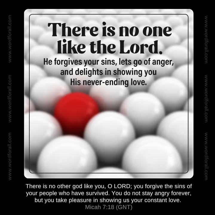 There is no one like the Lord. He forgives your sins, lets go of anger, and delights in showing you His never-ending love.
