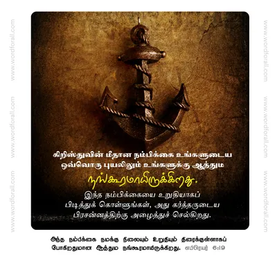 கிறிஸ்துவின் மீதான நம்பிக்கை உங்களுடைய ஒவ்வொரு புயலிலும் உங்களுக்கு ஆத்தும நங்கூரமாயிருக்கிறது. இந்த நம்பிக்கையை உறுதியாகப் பிடித்துக் கொள்ளுங்கள், அது கர்த்தருடைய பிரசன்னத்திற்கு அழைத்துச் செல்கிறது.