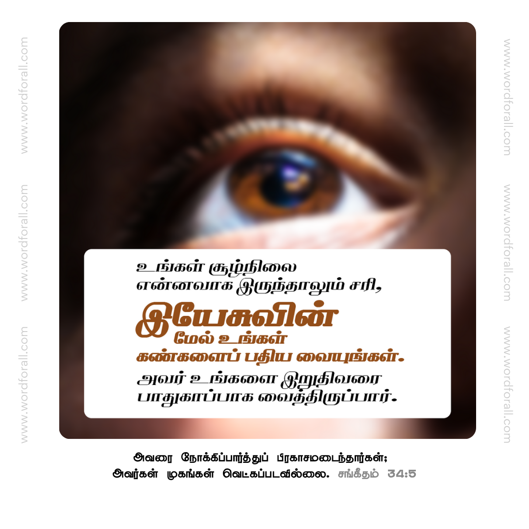 உங்கள் சூழ்நிலை என்னவாக இருந்தாலும் சரி, இயேசுவின் மேல் உங்கள் கண்களைப் பதிய வையுங்கள். அவர் உங்களை இறுதிவரை பாதுகாப்பாக வைத்திருப்பார்.