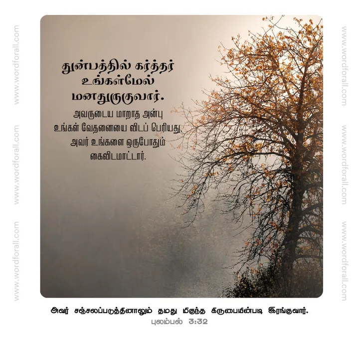துன்பத்தில் கர்த்தர் உங்கள்மேல் மனதுருகுவார். அவருடைய மாறாத அன்பு உங்கள் வேதனையை விடப் பெரியது, அவர் உங்களை ஒருபோதும் கைவிடமாட்டார்.