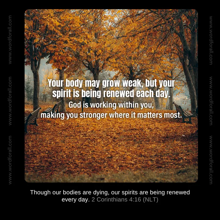 Your body may grow weak, but your spirit is being renewed each day. God is working within you, making you stronger where it matters most.