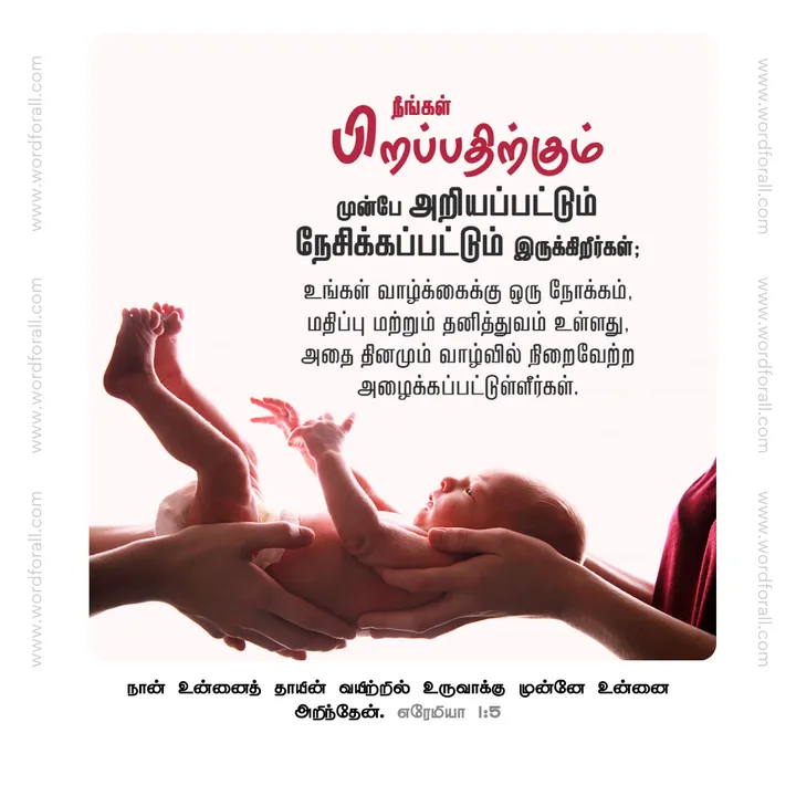 நீங்கள் பிறப்பதிற்கும் முன்பே அறியப்பட்டும் நேசிக்கப்பட்டும் இருக்கிறீர்கள்; உங்கள் வாழ்க்கைக்கு ஒரு நோக்கம், மதிப்பு மற்றும் தனித்துவம் உள்ளது, அதை தினமும் வாழ்வில் நிறைவேற்ற அழைக்கப்பட்டுள்ளீர்கள்.