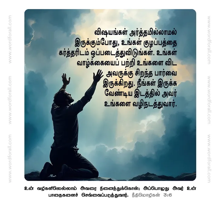 விஷயங்கள் அர்த்தமில்லாமல் இருக்கும்போது, உங்கள் குழப்பத்தை கர்த்தரிடம் ஒப்படைத்துவிடுங்கள். உங்கள் வாழ்க்கையைப் பற்றி உங்களை விட அவருக்கு சிறந்த பார்வை இருக்கிறது. நீங்கள் இருக்க வேண்டிய இடத்தில் அவர் உங்களை வழிநடத்துவார்.