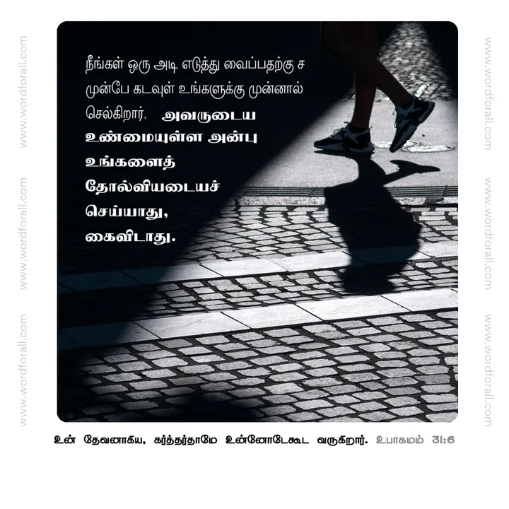 நீங்கள் ஒரு அடி எடுத்து வைப்பதற்கு முன்பே கடவுள் உங்களுக்கு முன்னால் செல்கிறார். அவருடைய உண்மையுள்ள அன்பு உங்களைத் தோல்வியடையச் செய்யாது, கைவிடாது.