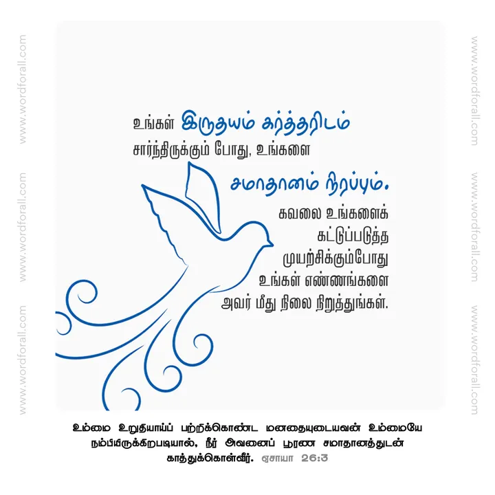 உங்கள் இருதயம் கர்த்தரிடம் சார்ந்திருக்கும் போது, உங்களை சமாதானம் நிரப்பும். கவலை உங்களைக் கட்டுப்படுத்த முயற்சிக்கும்போது உங்கள் எண்ணங்களை அவர் மீது நிலைநிறுத்துங்கள்.
