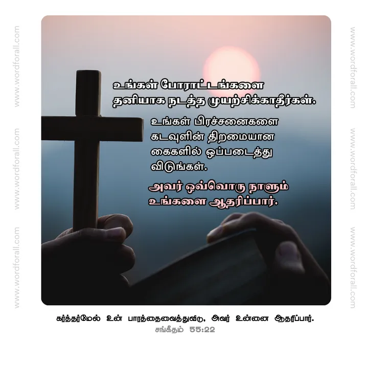 உங்கள் போராட்டங்களை தனியாக நடத்த முயற்சிக்காதீர்கள். உங்கள் பிரச்சனைகளை கடவுளின் திறமையான கைகளில் ஒப்படைத்து விடுங்கள். அவர் ஒவ்வொரு நாளும் உங்களை ஆதரிப்பார்.