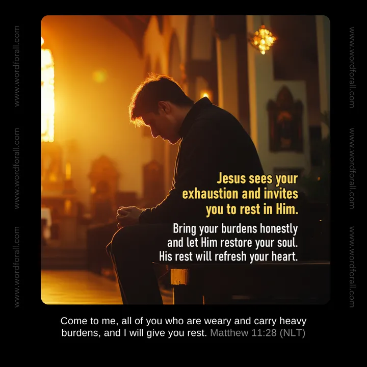 Jesus sees your exhaustion and invites you to rest in Him. Bring your burdens honestly and let Him restore your soul. His rest will refresh your heart.