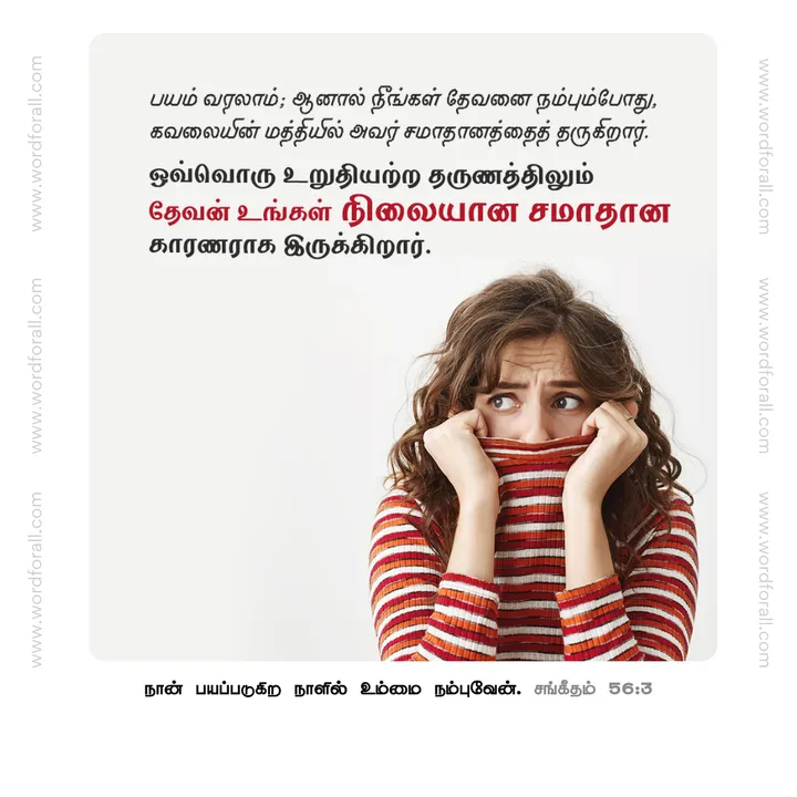பயம் வரலாம்; ஆனால் நீங்கள் தேவனை நம்பும்போது, கவலையின் மத்தியில் அவர் சமாதானத்தைத் தருகிறார். ஒவ்வொரு உறுதியற்ற தருணத்திலும் தேவன் உங்கள் நிலையான சமாதான காரணராக இருக்கிறார்.