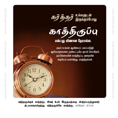 கர்த்தர் உங்களுடன் இருக்கும்போது காத்திருப்பு என்பது வீணான நேரமல்ல. அவர் உங்கள் ஆவியைப் பலப்படுத்தி, ஆசீர்வாதங்களை முன்கூட்டியே தயார் செய்கிறார். நம்பிக்கையின் காத்திருப்பு அறையில் தைரியம் வளர்கிறது. காத்திருங்கள்.
