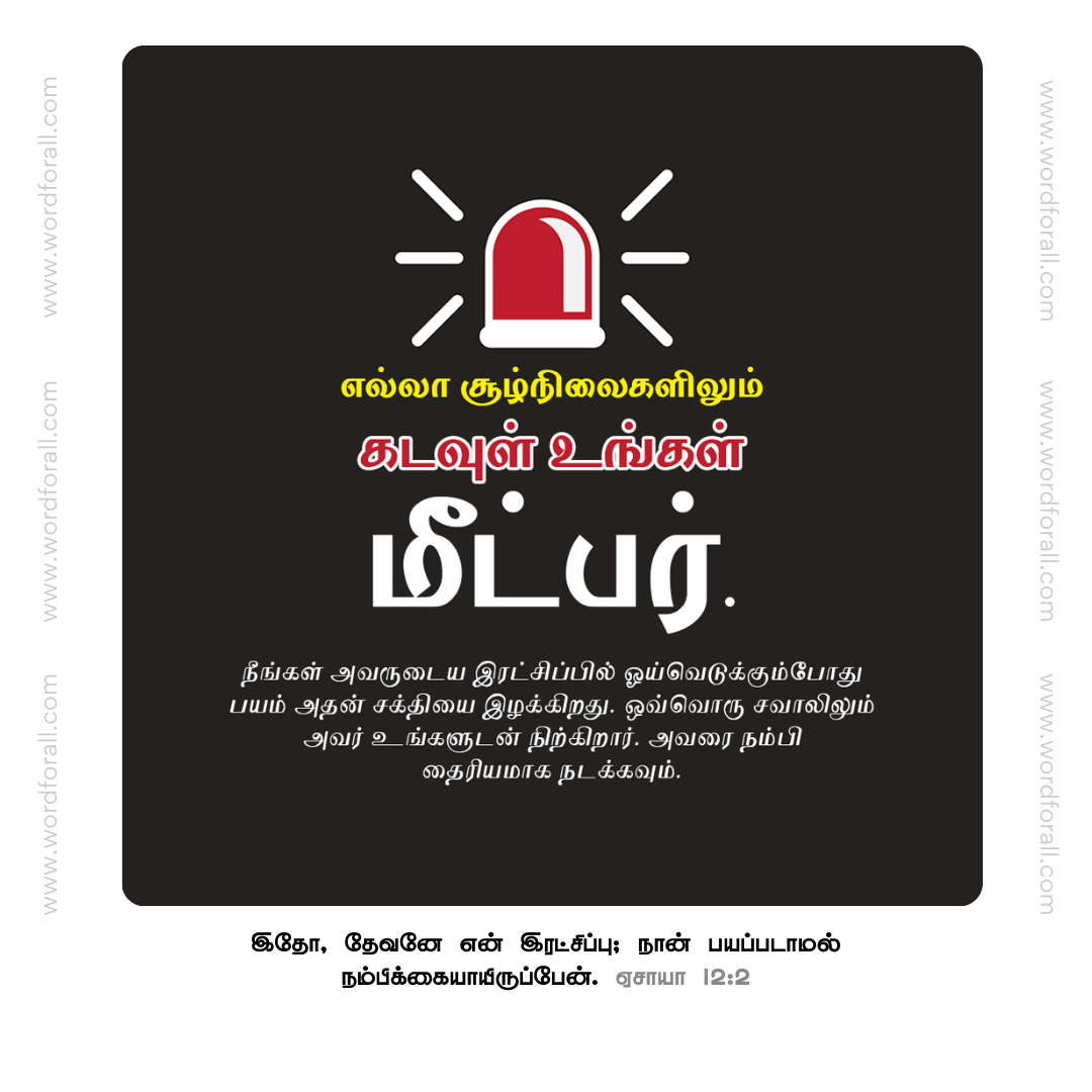 எல்லா சூழ்நிலைகளிலும் கடவுள் உங்கள் மீட்பர். நீங்கள் அவருடைய இரட்சிப்பில் ஓய்வெடுக்கும்போது பயம் அதன் சக்தியை இழக்கிறது. ஒவ்வொரு சவாலிலும் அவர் உங்களுடன் நிற்கிறார். அவரை நம்பி தைரியமாக நடக்கவும்.