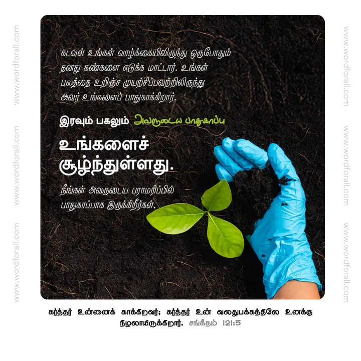 கடவுள் உங்கள் வாழ்க்கையிலிருந்து ஒருபோதும் தனது கண்களை எடுக்க மாட்டார். உங்கள் பலத்தை உறிஞ்ச முயற்சிப்பவற்றிலிருந்து அவர் உங்களைப் பாதுகாக்கிறார். இரவும் பகலும் அவருடைய பாதுகாப்பு உங்களைச் சூழ்ந்துள்ளது. நீங்கள் அவருடைய பராமரிப்பில் பாதுகாப்பாக இருக்கிறீர்கள்.