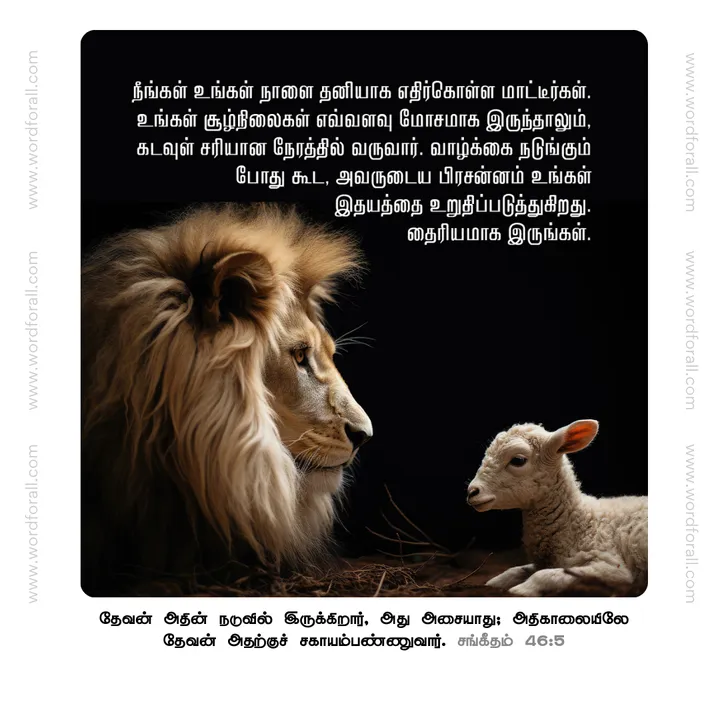 நீங்கள் உங்கள் நாளை தனியாக எதிர்கொள்ள மாட்டீர்கள். உங்கள் சூழ்நிலைகள் எவ்வளவு மோசமாக இருந்தாலும், கடவுள் சரியான நேரத்தில் வருவார். வாழ்க்கை நடுங்கும் போது கூட, அவருடைய பிரசன்னம் உங்கள் இதயத்தை உறுதிப்படுத்துகிறது. தைரியமாக இருங்கள்.