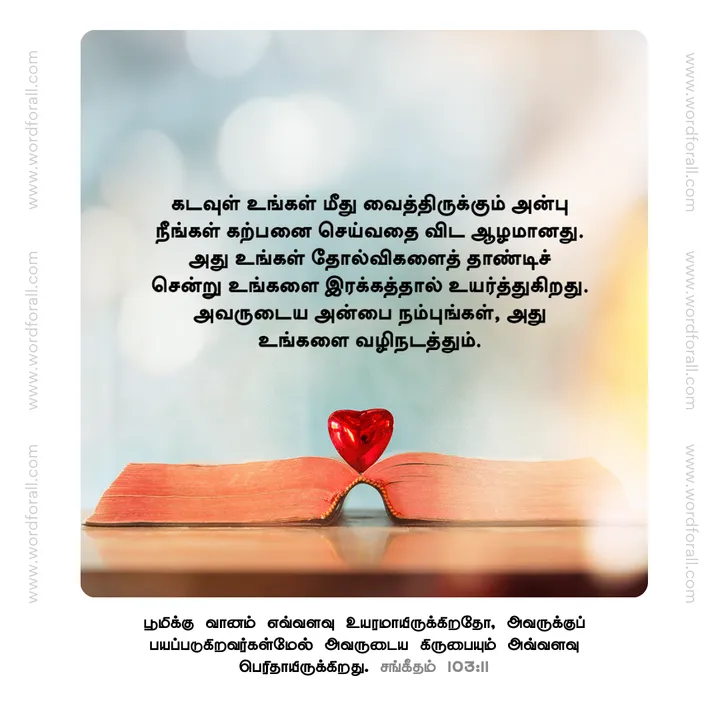 கடவுள் உங்கள் மீது வைத்திருக்கும் அன்பு நீங்கள் கற்பனை செய்வதை விட ஆழமானது. அது உங்கள் தோல்விகளைத் தாண்டிச் சென்று உங்களை இரக்கத்தால் உயர்த்துகிறது. அவருடைய அன்பை நம்புங்கள், அது உங்களை வழிநடத்தும்.