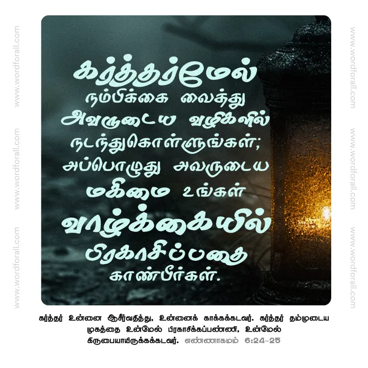 கர்த்தர்மேல் நம்பிக்கை வைத்து அவருடைய வழிகளில் நடந்து கொள்ளுங்கள்; அப்பொழுது அவருடைய மகிமை உங்கள் வாழ்க்கையில் பிரகாசிப்பதை காண்பீர்கள்.