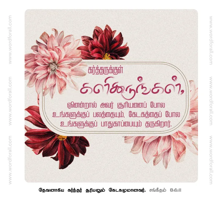 கர்த்தருக்குள் களிகூருங்கள், ஏனென்றால் அவர் சூரியனைப் போல உங்களுக்குப் பலத்தையும், கேடகத்தைப் போல உங்களுக்குப் பாதுகாப்பையும் தருகிறார்.