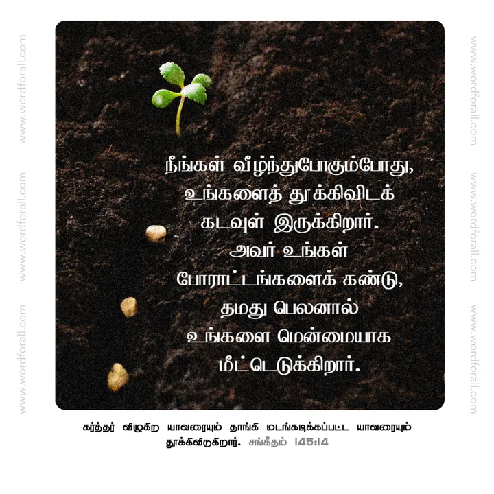 நீங்கள் வீழ்ந்துபோகும்போது, உங்களைத் தூக்கிவிடக் கடவுள் இருக்கிறார். அவர் உங்கள் போராட்டங்களைக் கண்டு, தமது பெலனால் உங்களை மென்மையாக மீட்டெடுக்கிறார்.