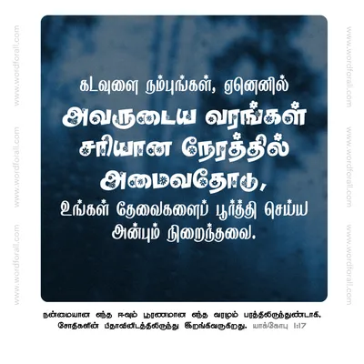 கடவுளை நம்புங்கள், ஏனெனில் அவருடைய வரங்கள் சரியான நேரத்தில் அமைவதோடு, உங்கள் தேவைகளைப் பூர்த்தி செய்ய அன்பும் நிறைந்தவை.