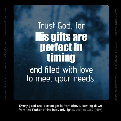 Trust God, for His gifts are perfect in timing and filled with love to meet your needs.