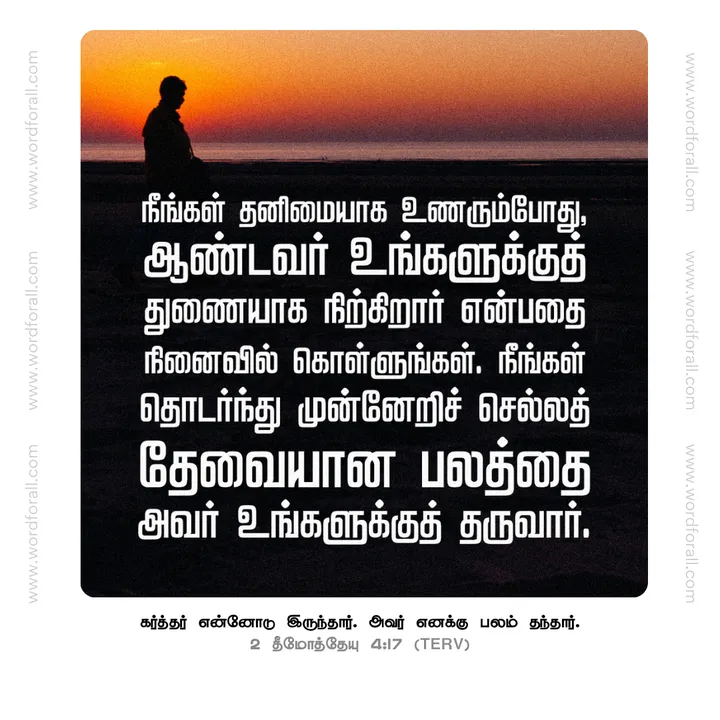 நீங்கள் தனிமையாக உணரும்போது, ஆண்டவர் உங்களுக்குத் துணையாக நிற்கிறார் என்பதை நினைவில் கொள்ளுங்கள். நீங்கள் தொடர்ந்து முன்னேறிச் செல்லத் தேவையான பலத்தை அவர் உங்களுக்குத் தருவார்.