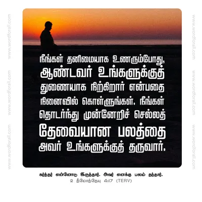 நீங்கள் தனிமையாக உணரும்போது, ஆண்டவர் உங்களுக்குத் துணையாக நிற்கிறார் என்பதை நினைவில் கொள்ளுங்கள். நீங்கள் தொடர்ந்து முன்னேறிச் செல்லத் தேவையான பலத்தை அவர் உங்களுக்குத் தருவார்.