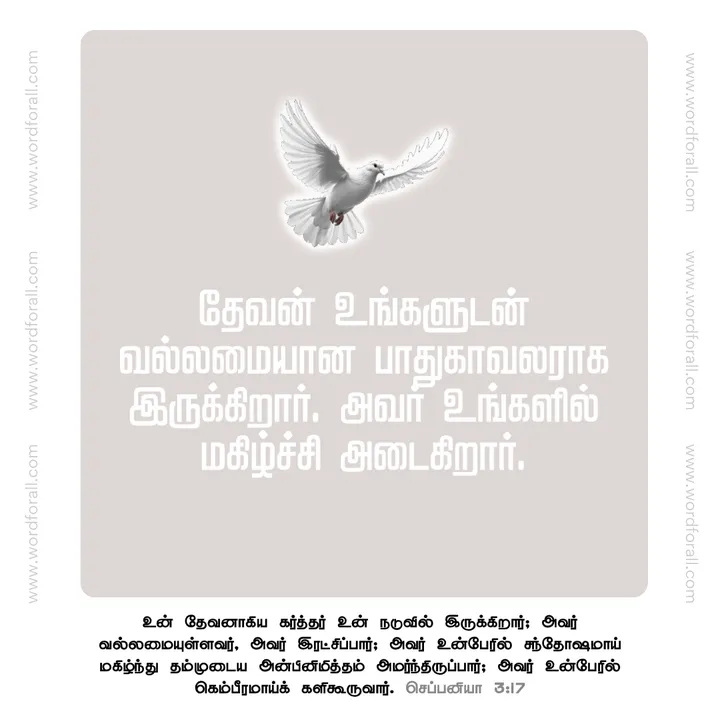 தேவன் உங்களுடன் வல்லமையான பாதுகாவலராக இருக்கிறார். அவர் உங்களில் மகிழ்ச்சி அடைகிறார்.