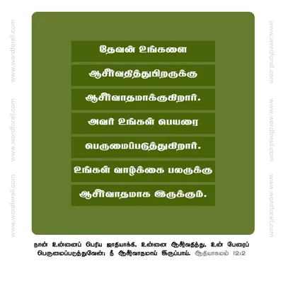 தேவன் உங்களை ஆசீர்வதித்து பிறருக்கு ஆசீர்வாதமாக்குகிறார்.
அவர் உங்கள் பெயரை பெருமைப்படுத்துகிறார்.
உங்கள் வாழ்க்கை பலருக்கு ஆசீர்வாதமாக இருக்கும்.