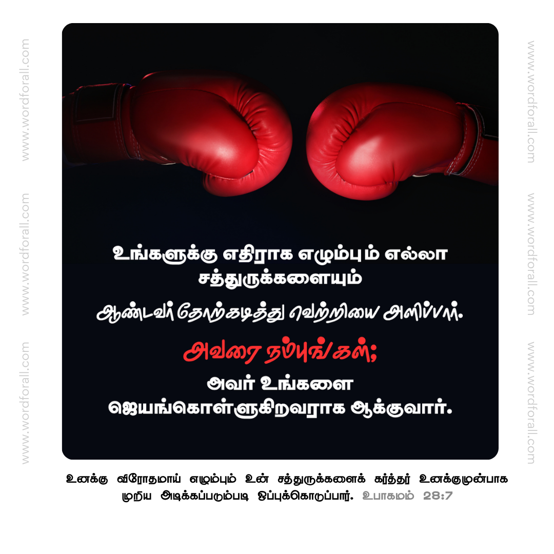 உங்களுக்கு எதிராக எழும்பும் எல்லா சத்துருக்களையும் ஆண்டவர் தோற்கடித்து வெற்றியை அளிப்பார். அவரை நம்புங்கள்; அவர் உங்களை ஜெயங்கொள்ளுகிறவராக ஆக்குவார்.