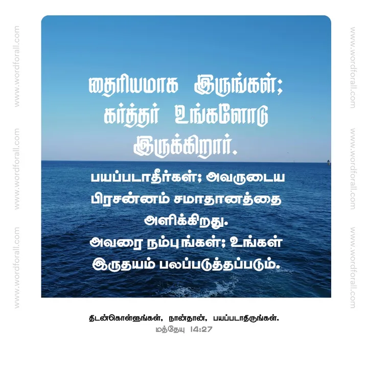 தைரியமாக இருங்கள்; கர்த்தர் உங்களோடு இருக்கிறார். பயப்படாதீர்கள்; அவருடைய பிரசன்னம் சமாதானத்தை அளிக்கிறது.
அவரை நம்புங்கள்; உங்கள் இருதயம் பலப்படுத்தப்படும்.