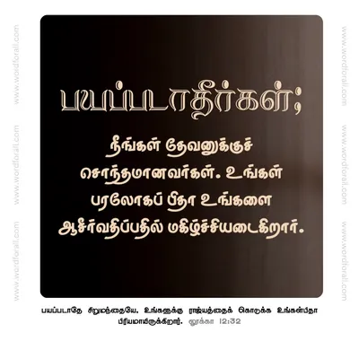 பயப்படாதீர்கள்; நீங்கள் தேவனுக்குச் சொந்தமானவர்கள். உங்கள் பரலோகப் பிதா உங்களை ஆசீர்வதிப்பதில் மகிழ்ச்சியடைகிறார்.