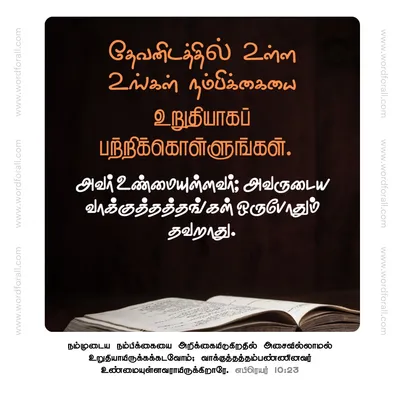 தேவனிடத்தில் உள்ள உங்கள் நம்பிக்கையை உறுதியாகப் பற்றிக்கொள்ளுங்கள். அவர் உண்மையுள்ளவர்; அவருடைய வாக்குத்தத்தங்கள் ஒருபோதும் தவறாது.