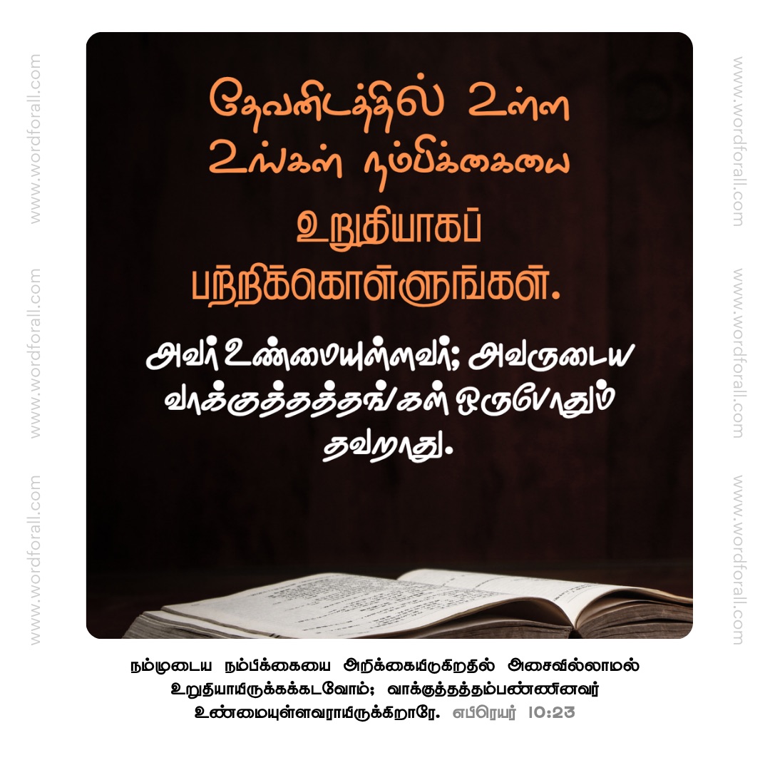 தேவனிடத்தில் உள்ள உங்கள் நம்பிக்கையை உறுதியாகப் பற்றிக்கொள்ளுங்கள். அவர் உண்மையுள்ளவர்; அவருடைய வாக்குத்தத்தங்கள் ஒருபோதும் தவறாது.