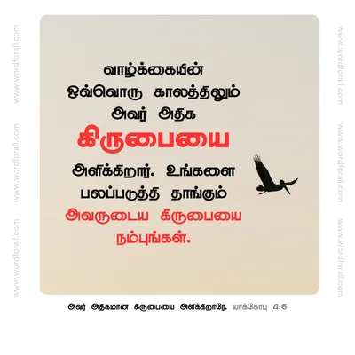 வாழ்க்கையின் ஒவ்வொரு காலத்திலும் அவர் அதிக கிருபையை அளிக்கிறார். உங்களை பலப்படுத்தி தாங்கும் அவருடைய கிருபையை நம்புங்கள்.