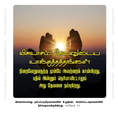 விசுவாசம், தேவனுடைய வாக்குத்தத்தங்கள் நிறைவேறுவதற்கு முன்பே அவற்றைக் காண்கிறது. பதில் இன்னும் தெரியாவிட்டாலும் அது தேவனை நம்புகிறது.