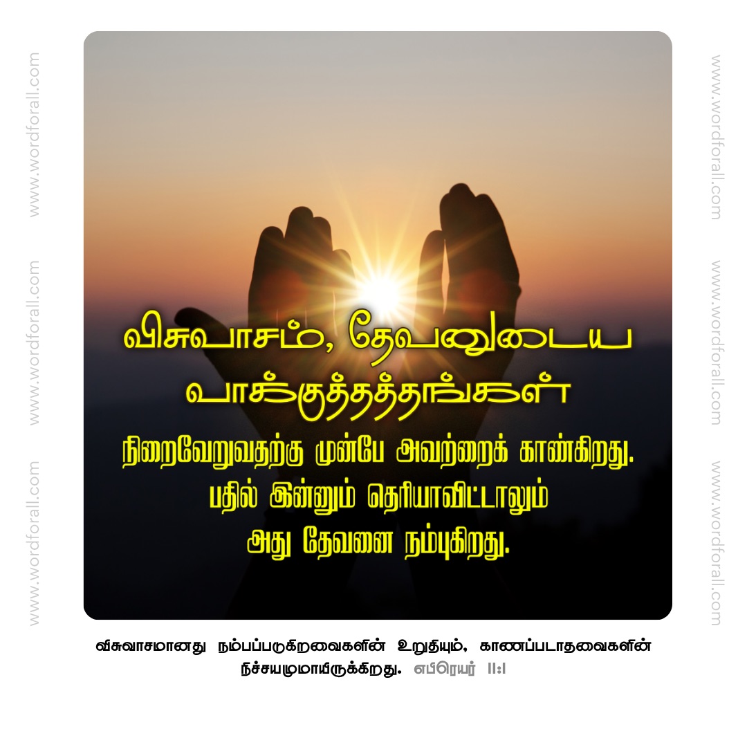 விசுவாசம், தேவனுடைய வாக்குத்தத்தங்கள் நிறைவேறுவதற்கு முன்பே அவற்றைக் காண்கிறது. பதில் இன்னும் தெரியாவிட்டாலும் அது தேவனை நம்புகிறது.