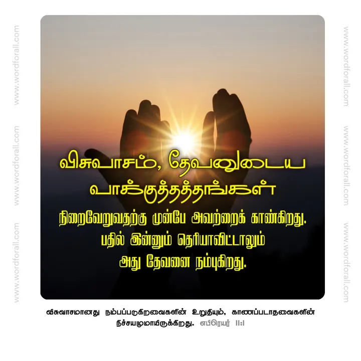 விசுவாசம், தேவனுடைய வாக்குத்தத்தங்கள் நிறைவேறுவதற்கு முன்பே அவற்றைக் காண்கிறது. பதில் இன்னும் தெரியாவிட்டாலும் அது தேவனை நம்புகிறது.
