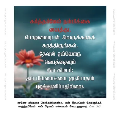 கர்த்தர்மேல் நம்பிக்கை வைத்து, பொறுமையுடன் அவருக்காகக் காத்திருங்கள்.
தேவன் ஒவ்வொரு ஜெபத்தையும் கேட்கிறார்; தம் பிள்ளைகளை ஒருபோதும் புறக்கணிப்பதில்லை.