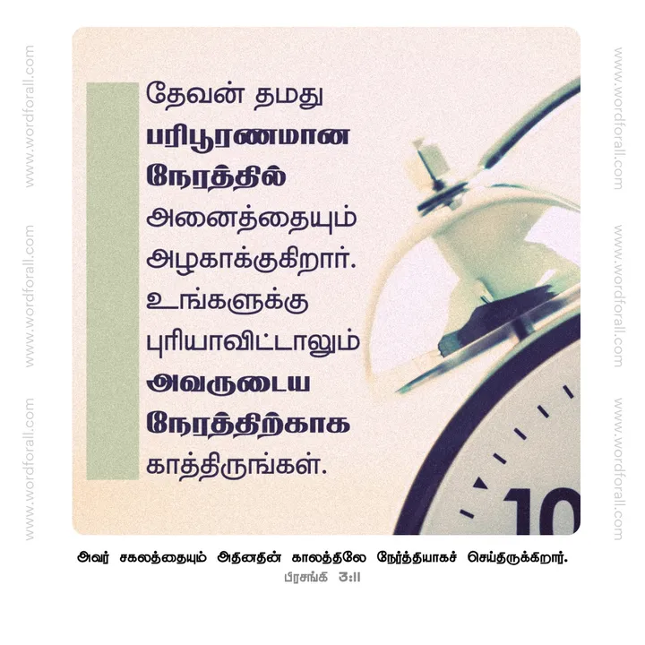 தேவன் தமது பரிபூரணமான நேரத்தில் அனைத்தையும் அழகாக்குகிறார். உங்களுக்கு புரியாவிட்டாலும் அவருடைய நேரத்திற்காக காத்திருங்கள்.