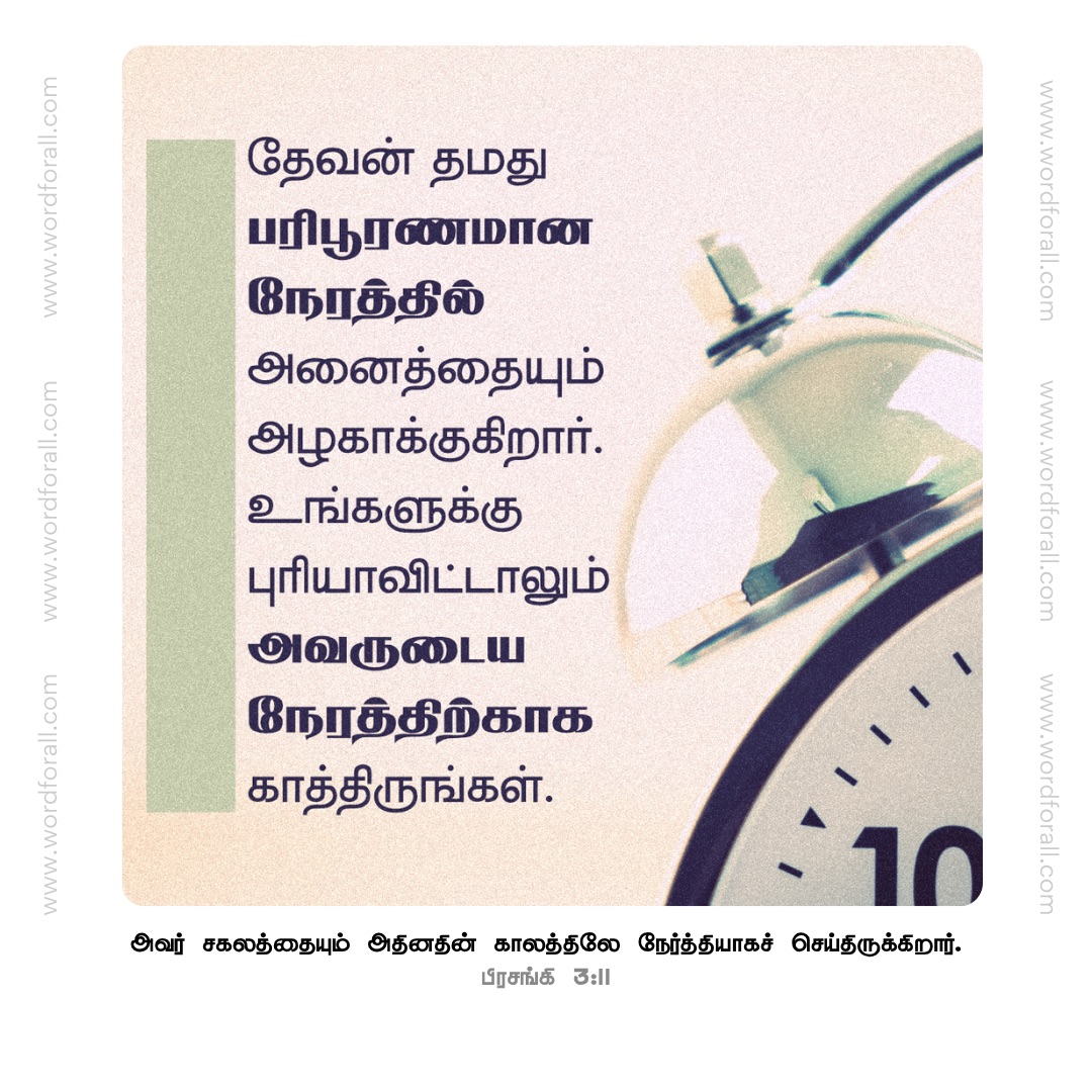 தேவன் தமது பரிபூரணமான நேரத்தில் அனைத்தையும் அழகாக்குகிறார். உங்களுக்கு புரியாவிட்டாலும் அவருடைய நேரத்திற்காக காத்திருங்கள்.