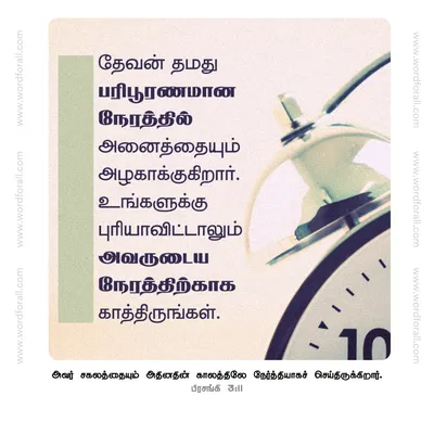 தேவன் தமது பரிபூரணமான நேரத்தில் அனைத்தையும் அழகாக்குகிறார். உங்களுக்கு புரியாவிட்டாலும் அவருடைய நேரத்திற்காக காத்திருங்கள்.