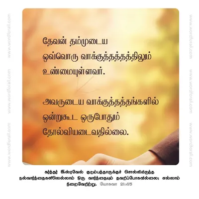தேவன் தம்முடைய ஒவ்வொரு வாக்குத்தத்தத்திலும் உண்மையுள்ளவர்.
அவருடைய வாக்குத்தத்தங்களில் ஒன்றுகூட ஒருபோதும் தோல்வியடைவதில்லை.