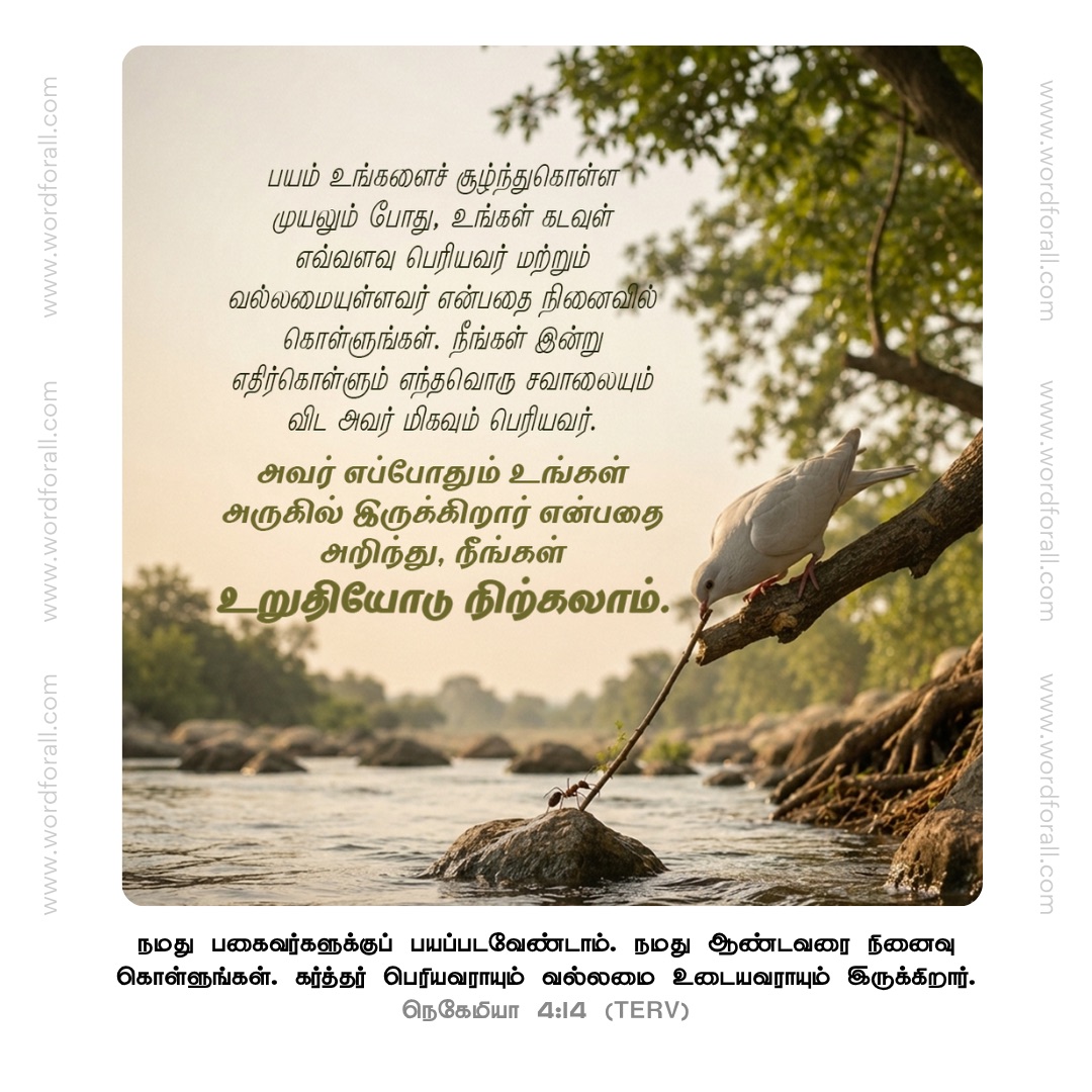 பயம் உங்களைச் சூழ்ந்துகொள்ள முயலும் போது, உங்கள் கடவுள் எவ்வளவு பெரியவர் மற்றும் வல்லமையுள்ளவர் என்பதை நினைவில் கொள்ளுங்கள். நீங்கள் இன்று எதிர்கொள்ளும் எந்தவொரு சவாலையும் விட அவர் மிகவும் பெரியவர். அவர் எப்போதும் உங்கள் அருகில் இருக்கிறார் என்பதை அறிந்து, நீங்கள் உறுதியோடு நிற்கலாம்.