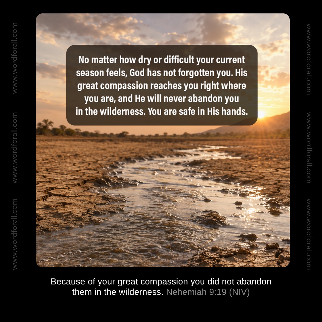 No matter how dry or difficult your current season feels, God has not forgotten you. His great compassion reaches you right where you are, and He will never abandon you in the wilderness. You are safe in His hands.