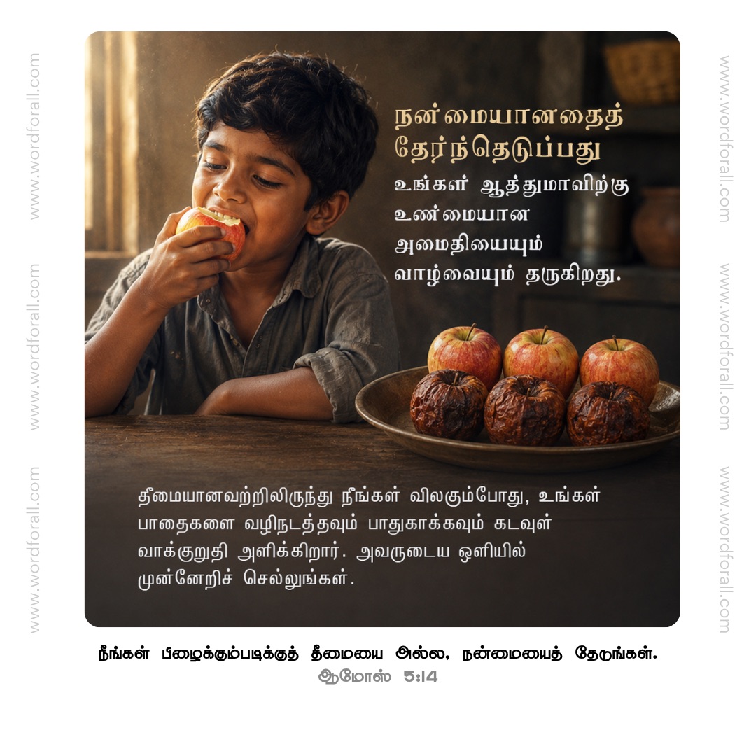 நன்மையானதைத் தேர்ந்தெடுப்பது உங்கள் ஆத்துமாவிற்கு உண்மையான அமைதியையும் வாழ்வையும் தருகிறது. தீமையானவற்றிலிருந்து நீங்கள் விலகும்போது, உங்கள் பாதைகளை வழிநடத்தவும் பாதுகாக்கவும் கடவுள் வாக்குறுதி அளிக்கிறார். அவருடைய ஒளியில் முன்னேறிச் செல்லுங்கள்.