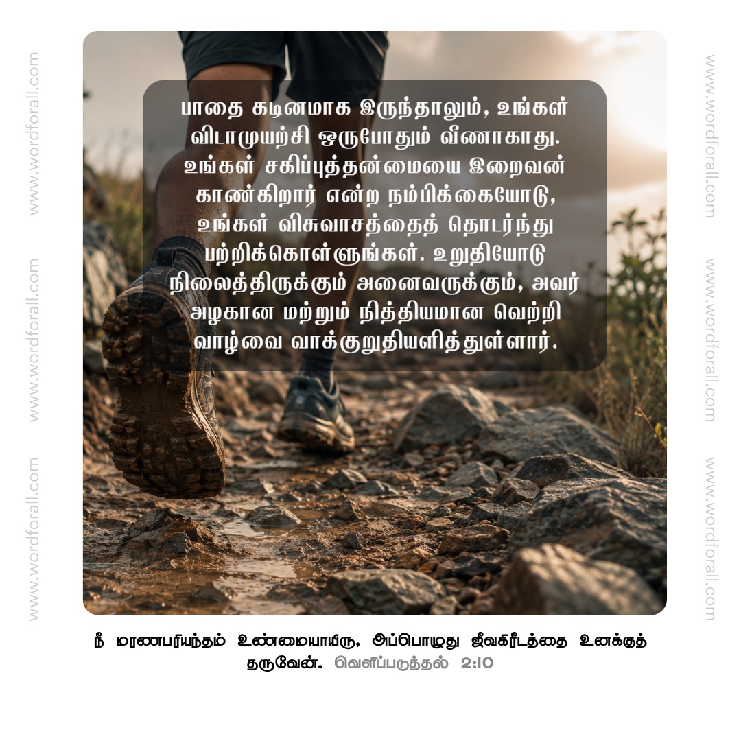 பாதை கடினமாக இருந்தாலும், உங்கள் விடாமுயற்சி ஒருபோதும் வீணாகாது. உங்கள் சகிப்புத்தன்மையை இறைவன் காண்கிறார் என்ற நம்பிக்கையோடு, உங்கள் விசுவாசத்தைத் தொடர்ந்து பற்றிக்கொள்ளுங்கள். உறுதியோடு நிலைத்திருக்கும் அனைவருக்கும், அவர் அழகான மற்றும் நித்தியமான வெற்றி வாழ்வை வாக்குறுதியளித்துள்ளார்.