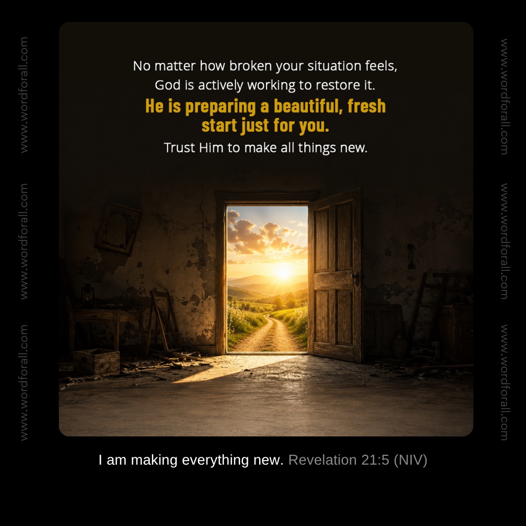 No matter how broken your situation feels, God is actively working to restore it. He is preparing a beautiful, fresh start just for you. Trust Him to make all things new.