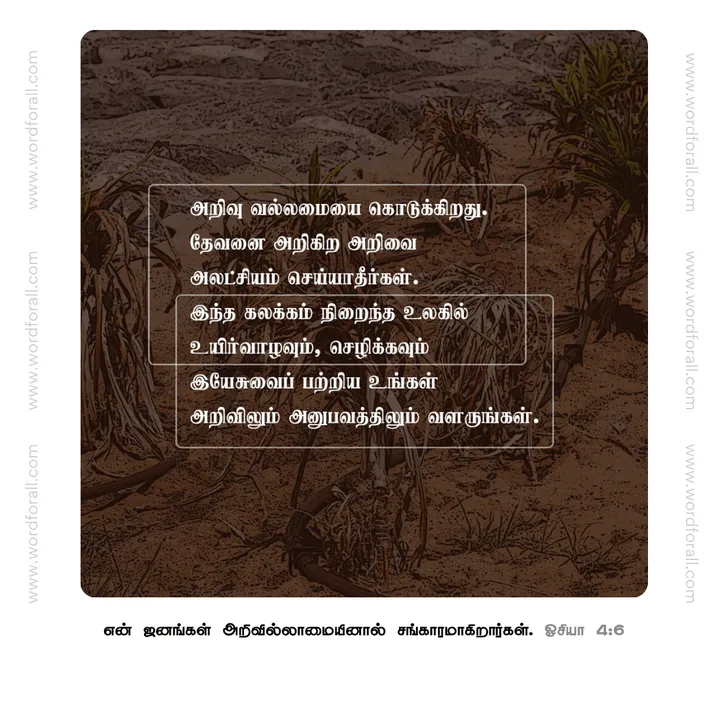 அறிவு வல்லமையை கொடுக்கிறது. தேவனை அறிகிற அறிவை அலட்சியம் செய்யாதீர்கள். இந்த கலக்கம் நிறைந்த உலகில் உயிர்வாழவும், செழிக்கவும் இயேசுவைப் பற்றிய உங்கள் அறிவிலும் அனுபவத்திலும் வளருங்கள்.