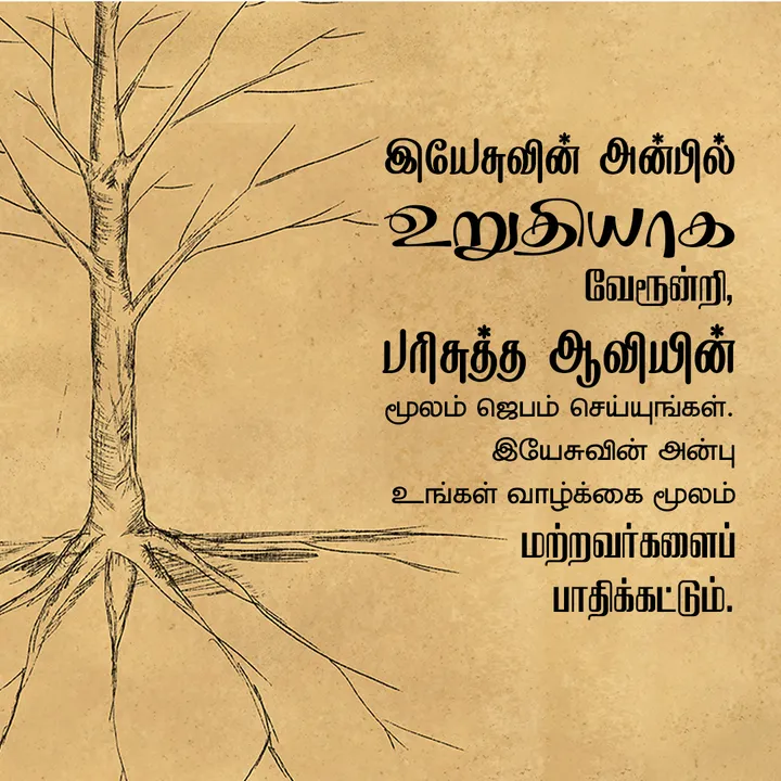 இயேசுவின் அன்பில் உறுதியாக வேரூன்றி, பரிசுத்த ஆவியின் மூலம் ஜெபம் செய்யுங்கள். இயேசுவின் அன்பு உங்கள் வாழ்க்கை மூலம் மற்றவர்களைப் பாதிக்கட்டும்.