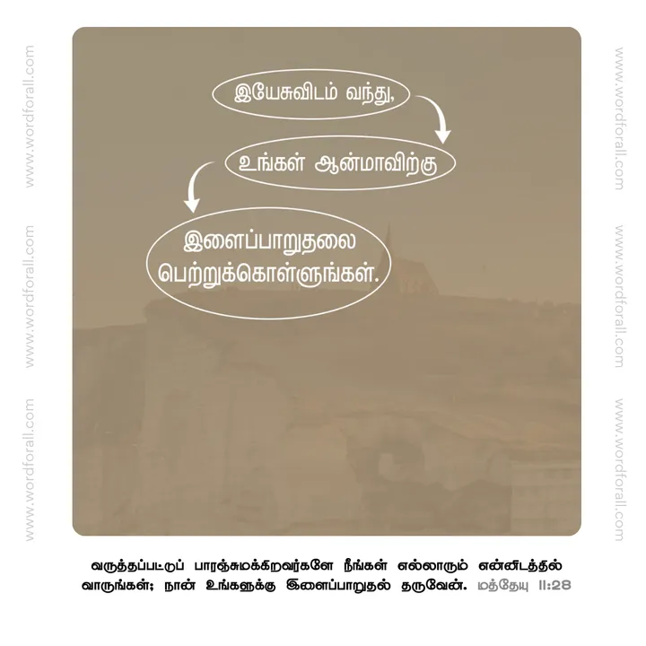 இயேசுவிடம் வந்து, உங்கள் ஆன்மாவிற்கு இளைப்பாறுதலை பெற்றுக்கொள்ளுங்கள்.